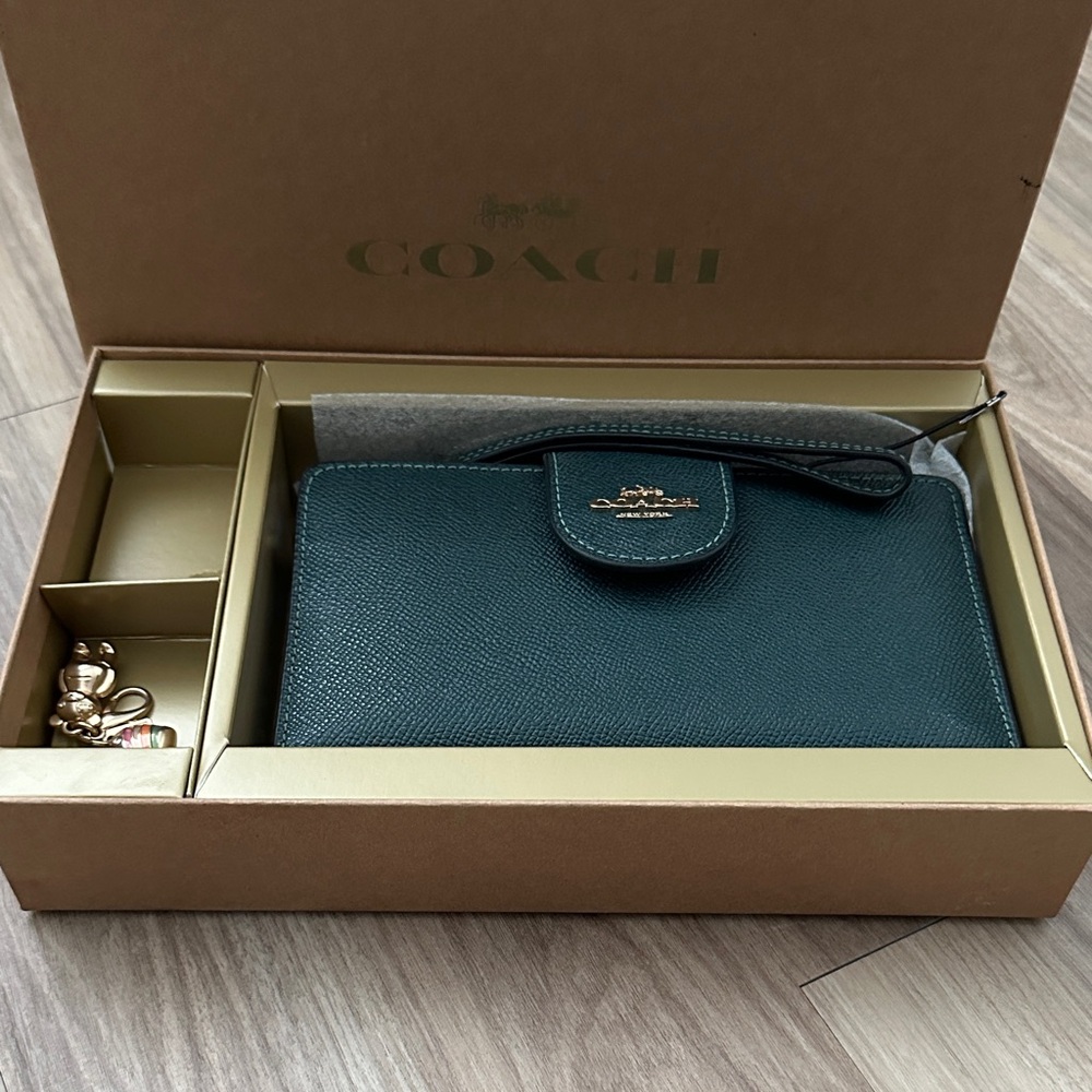 Coach Tech Forrest Green Wallet with Gold Details